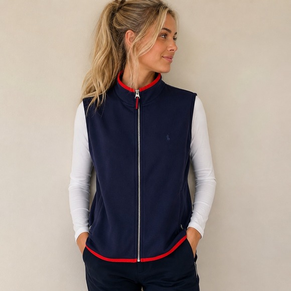 Ralph Lauren Golf Jackets & Blazers - Ralph Lauren Golf Womens Navy Blue Red Full Zip Mock Neck Vest Large L Pony Logo